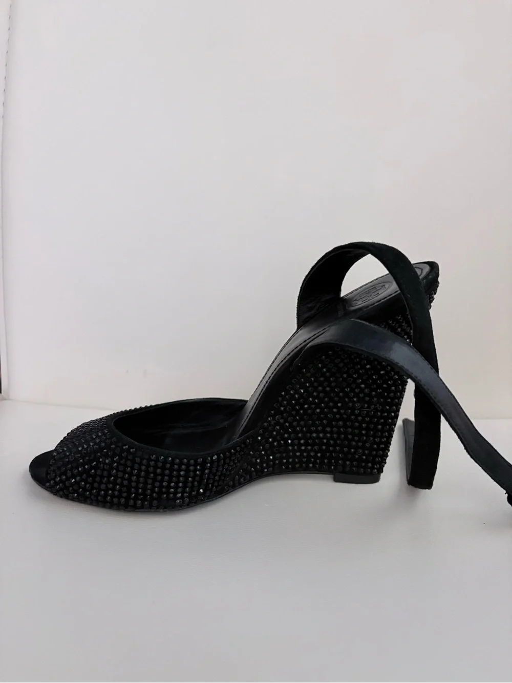 Tory Burch Black Crystal-Studded Open-Toe Ankle Strap Heels
